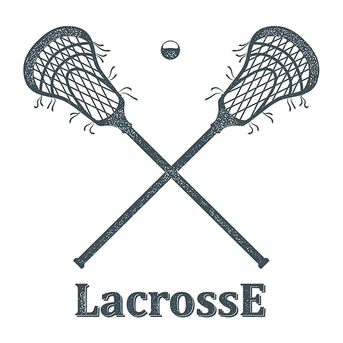 Crossed lacrosse stick and ball with grunge texture on white background. Objects Sports club symbol. Sign lacrosse competition. Stock vector illustration