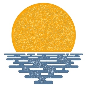 Sunset on a white background. Sunset sun, icon, isolate. Flat sunset, color illustration with 
grunge texture. The sun and the sea, the sign of the nature. Sea sunset or sunrise. Stock 
vector
