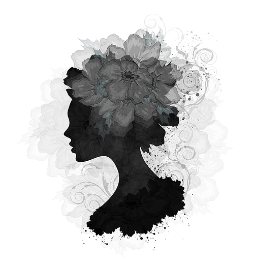 Abstract Design Vintage Grunge Beautiful Silhouette Floral Woman