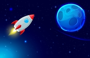 Vector background with rocket flying in space and blue planet