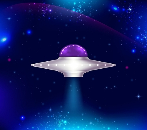 Fantastic background with UFO flying in space and shining stars