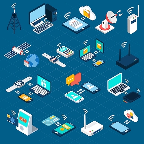 Wireless technologies isometric icons set with mobile communication devices 3d vector illustration