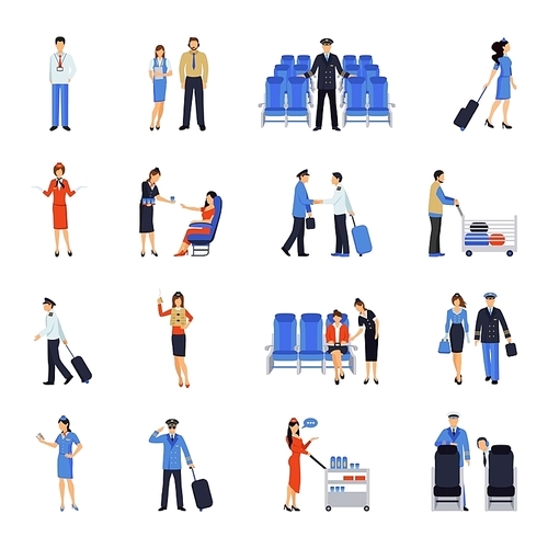 Pilot and stewardess at work during the flight and at the airport flat icons collection abstract vector illustration