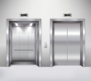 Open and closed chrome metal office building elevator doors realistic vector illustration