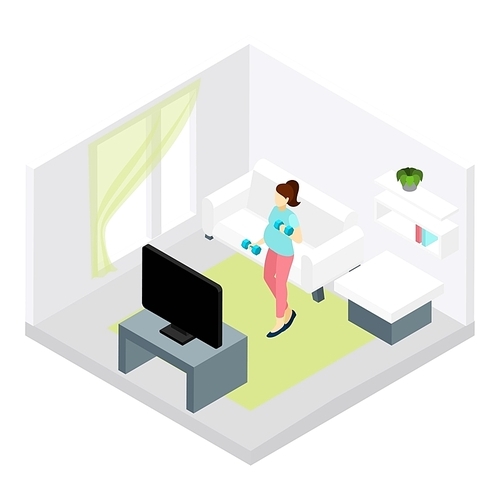 Pregnancy fitness with woman doing exercises at home isometric vector illustration