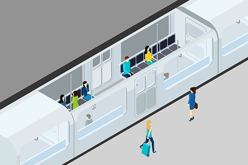 Underground people and train with train interior and seats isometric vector illustration