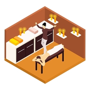 Back leg massage with aroma candles and towels isometric vector illustration