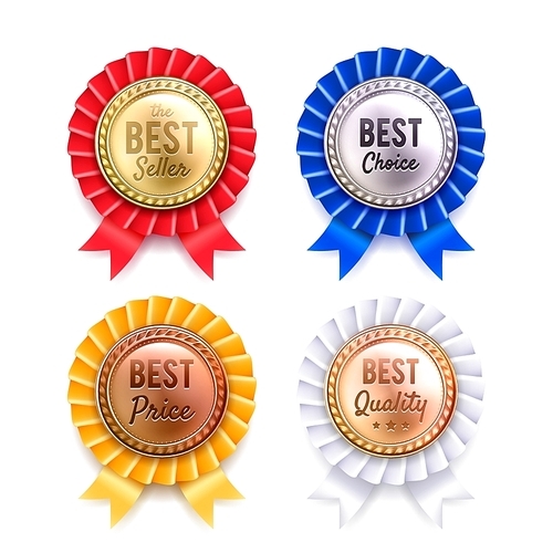 Four round best quality premium badges collection from gold silver bronze and copper realistic isolated vector illustration