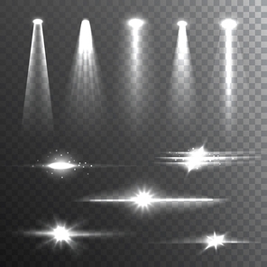 White beam lights set of different shapes and projections gleaming in the darkness banner abstract vector illustration