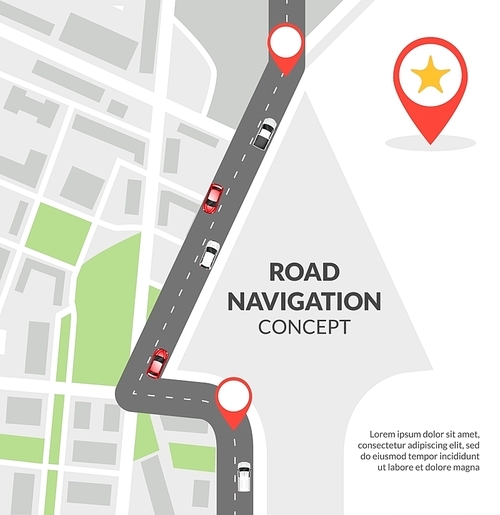 Road navigation concept with city map with pins and road with cars flat vector illustration