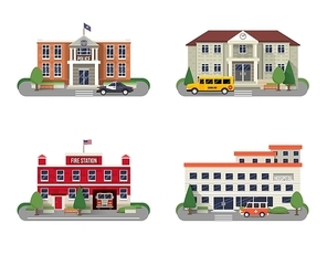 Municipal buildings icons set with police department fire station school and hospital isolated vector illustration