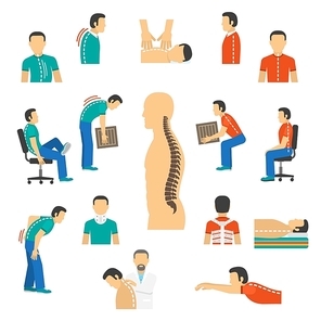 Flat color isolated icons for diagnosis spine diseases and treatment back pain vector  illustration