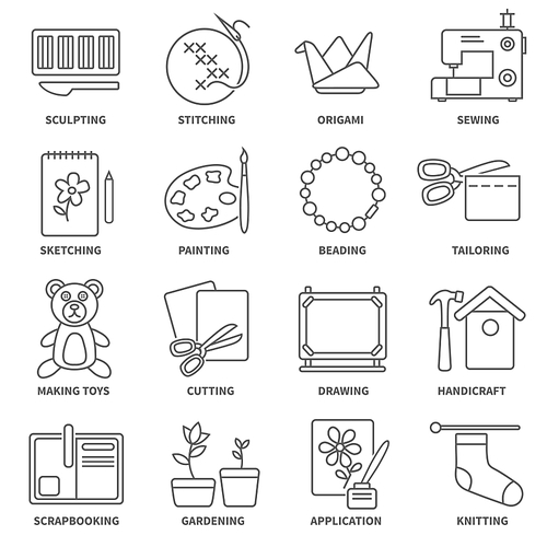 Hobby flat line icons set with sketching painting gardening symbols isolated vector illustration