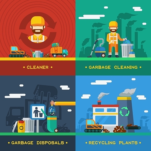 Garbage removal 2x2 flat design concept with rubbish cleaning disposal technique and recycling plants vector illustration