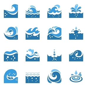 Blue wave flat icons set with sea swirl and water splashing isolated vector illustration