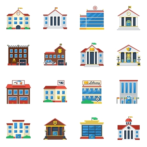Government buildings flat color icon set of theatre restaurant hospital museum isolated vector illustration