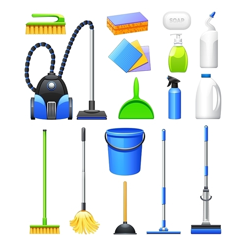 Cleaning equipment and accessories realistic icons collection with vacuum cleaner brushes and mops abstract isolated vector illustration