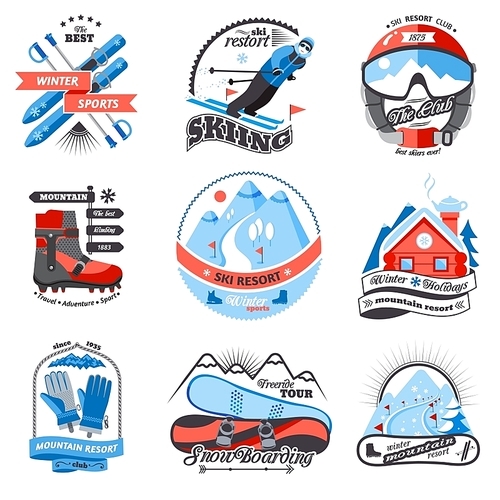 Ski resort emblems set with snowboarding and sled labels isolated vector illustration