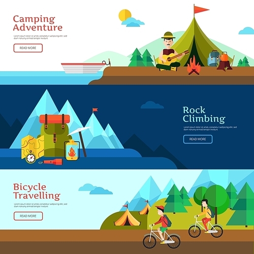 Camping flat horizontal banner set for web design and presentation vector illustration