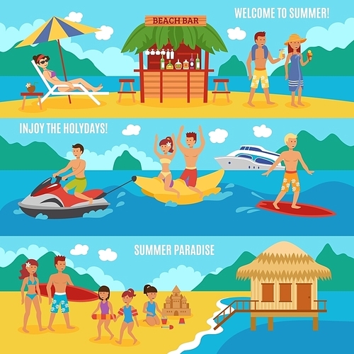 Beach people horizontal banner set with family summer vacation elements isolated vector illustration
