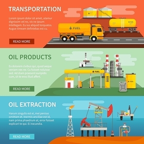 Flat horizontal banners set of oil petrol industry segments extraction transportation and products vector illustration