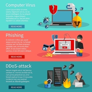 Horizontal  hacker banners set with icons of DDOS attacks on computer systems  phishing and computer viruses vector illustration