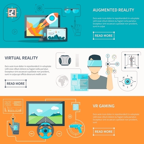 Augmented reality by electronic glass virtual reality wear and VR gaming with controllers flat horizontal banners vector illustrations