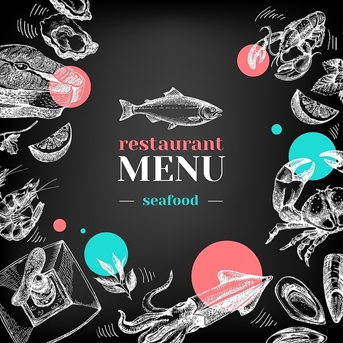 Restaurant chalkboard menu. Hand drawn sketch sea food vector illustration