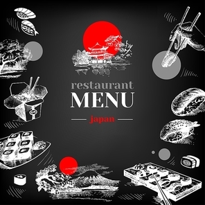 Restaurant chalkboard Japanese food menu. Hand drawn sketch sushi vector illustration
