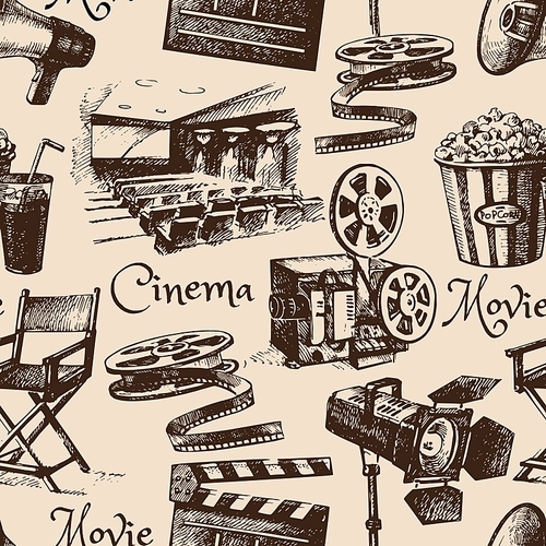 Movie film cinema seamless pattern. Hand drawn vintage illustration