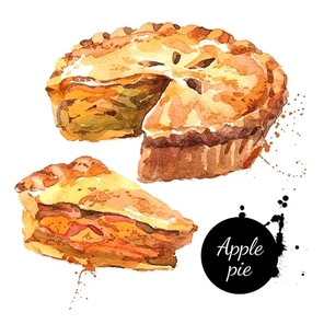 Watercolor homemade organic apple pie dessert. Isolated food illustration on white