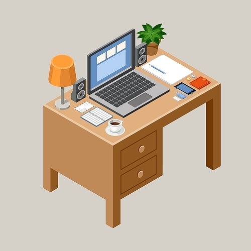 Flat isometric vector workspace. Desk. Office. laptop,  smartphone, lamp, coffee