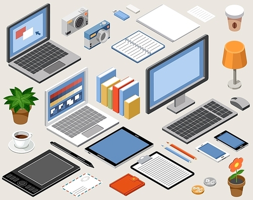 Flat isometric vector workspace. laptop, tablet, books, camera, office, graphic tablet, lamp, coffee