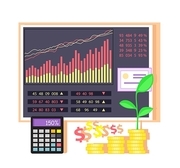 Invest in shares concept icon flat design. Investment in business, money and finance, data chart, graph financial, market infographic, information and profit, economic accounting illustration