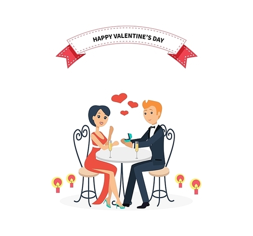 Happy valentine day couple sitting at table. Couple lover on valentine day, happy valentine, couple in love, young couple, love happy couple, woman man restaurant, holiday valentine day illustration