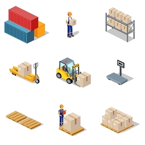 Icon 3d isometric process of the warehouse. Warehouse interior, logisti and factory, warehouse building, warehouse exterior, business delivery, storage cargo illustration. Set of vector isometric