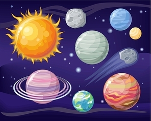 Space with planet sun and star design flat. Star and planet, outer space, galaxy and earth, space stars, planet in universe, sun in space, astronomy science, satellite earth, sun system illustration