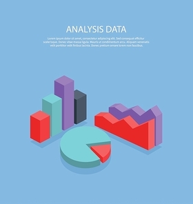 Isometric 3D analysis data. Isometric pie chart flat design. Graph pie, infographics and pie chart, diagram marketing, report data, circle statistic, finance presentation. Set isometric graphs, charts