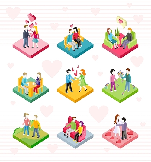 Isometric happy valentine day couple on date. 3D couple lover on valentine day, happy valentine, couple love young, shopping love couple, woman man restaurant, holiday valentine day man give flower