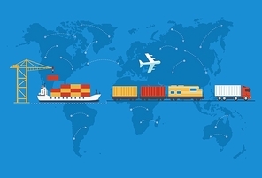 Shipping, delivery car, ship, plane transport on a background map of the world. Delivery vector truck. Delivery service van, ship, train, air. Delivery transport icon. Fast delivery concept. Delivery