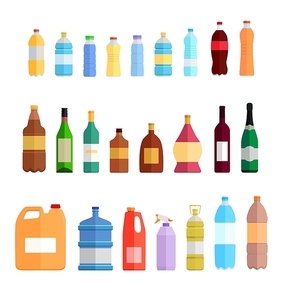 Bottle set design flat oil and beverage. Bottle and water bottle, plastic bottle, wine bottle, beer bottle, glass bottle, beverage bottle, oil bottle, drink bottle, whiskey bottle illustration