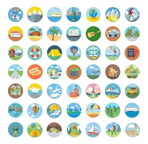 Set of travel icon flat design. Transportation icons, travel logo and map icon, icon tourism, compass and globe, vacation summer, beach and car icon, holiday vector illustration