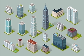Skyscraper logo building icon. Set of buildings and isolated skyscraper. Isometric tower and office city architecture buildings, 3d house business building, apartment office vector illustration