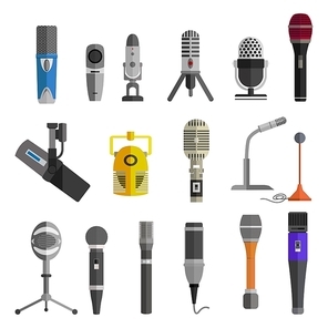 Microphone set design flat isolated icon, vintage microphone stand, sound media, record vocal, karaoke musical vector illustration