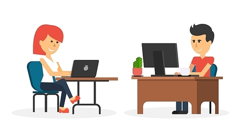 People work in office design flat. Business woman and man, computer worker, Office desk table and workplace. Guy girl sitting on chair at table in front of computer laptop monitor