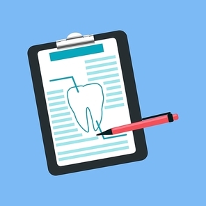 Dental tablet treatment design flat. Dental prescription, medication  document medicine, treatment medical, tablet health tooth, care stomatology, analysis and inspection vector illustration