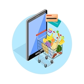 Concept of shopping via internet shop. Isometric online and smartphone, card pay, 3d web sale, e-commerce and foodstuffs, business technology, convenience and mobile. Smartphone and basket of food