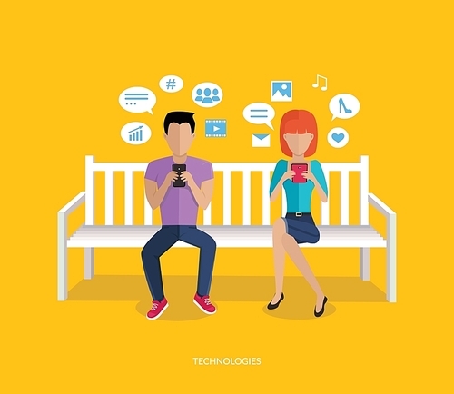 Internet addiction disorder technology. People man and woman game smartphone on bench, web addict, internet dependence, technology mobile addiction, social web addiction vector illustration
