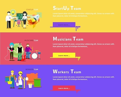 Startup business team people group flat style. Workers team people group flat style. Work and construction worker. Musicians team. Music and singer, artist and musical instruments