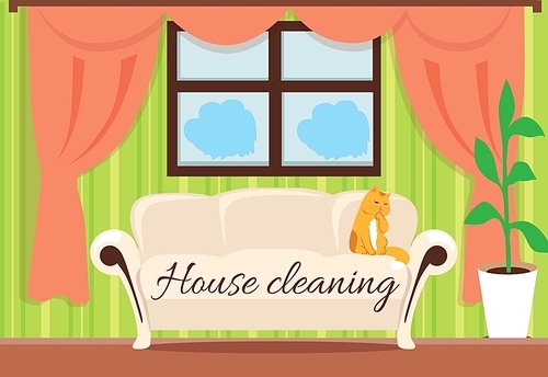 House cleaning. Cat on sofa design flat. House and cleaning, cleaning service, clean house, house cleaning service, housework and home cleaning, domestic cleaning service, clean room illustration